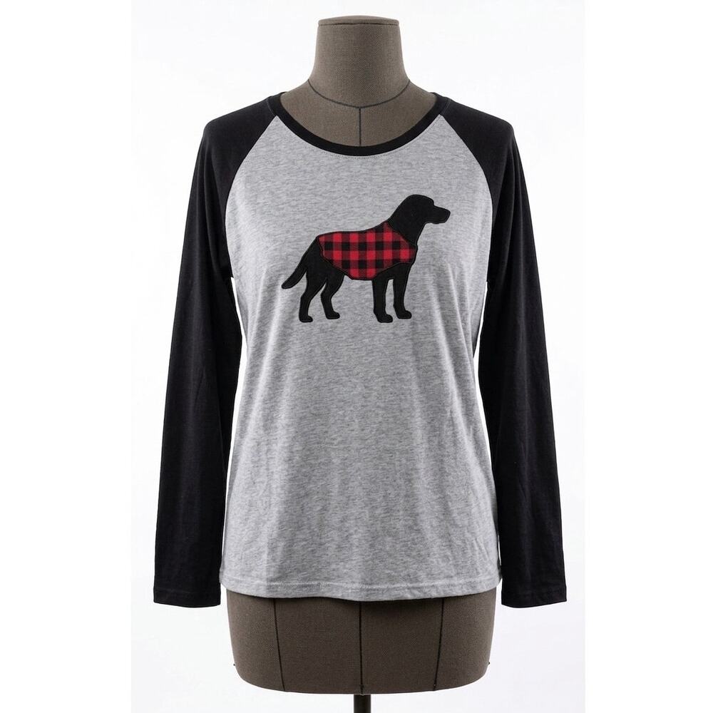 Buffalo Plaid Dog Long Sleeve Raglan Baseball Shirt Gray XXL